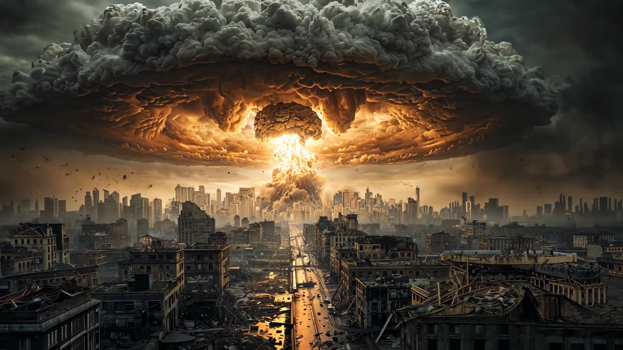 Detonating nuclear device sending mushroom cloud rising at city core, scattering debris across road