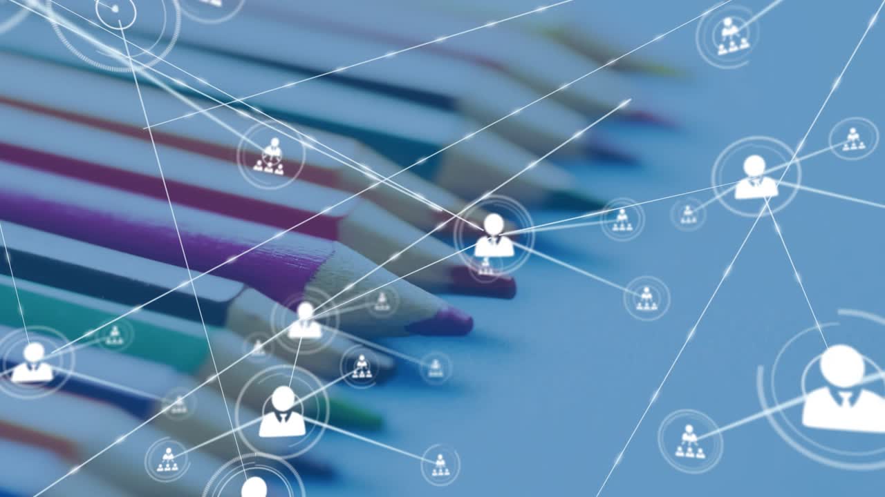 Diagonal pencils anchoring, first avatar appearing, lines tracing network outward showing teamwork