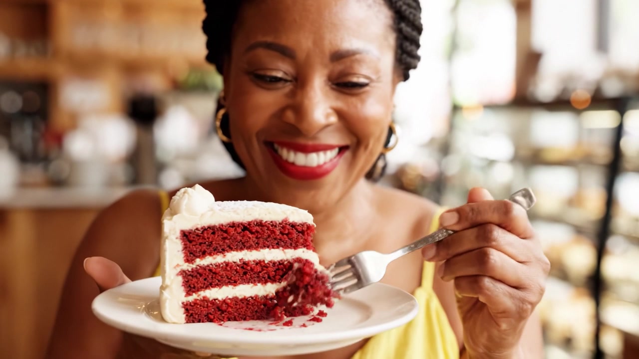 Une délicieuse expérience de gâteau Red Velvet: un moment joyeux d'indulgence où une femme savoure la saveur avec un sourire et une fourchette à la main