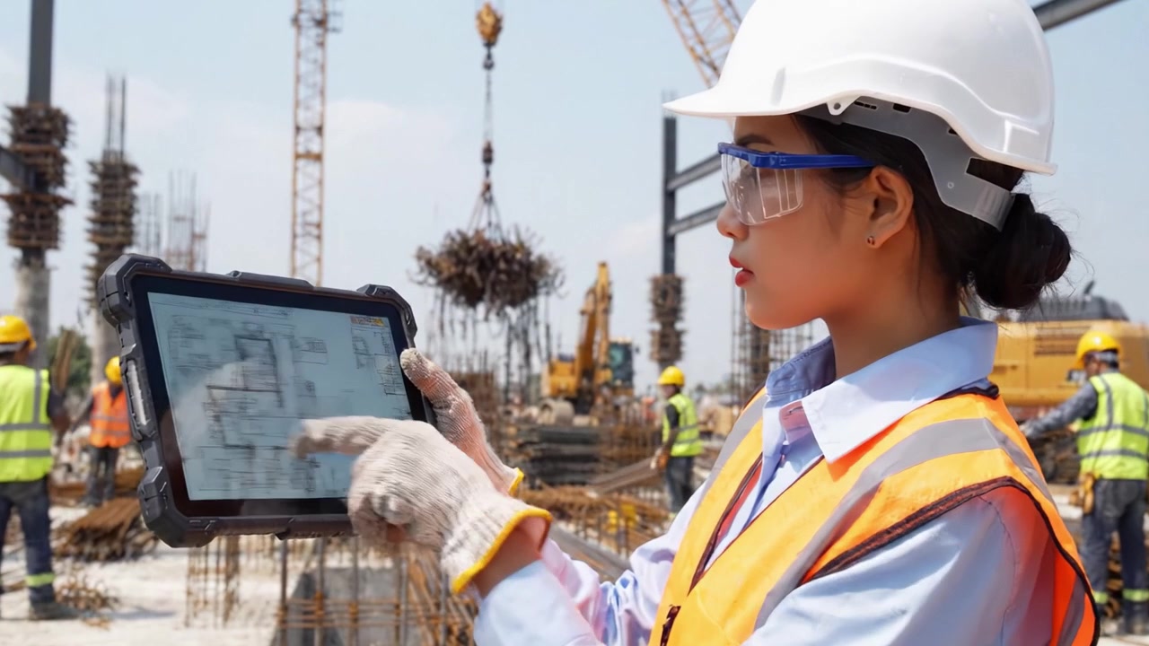 Trabajador de obra utilizando una tableta para revisar planos y supervisar operaciones en un ajetreado proyecto de construcción con maquinaria pesada y personal.