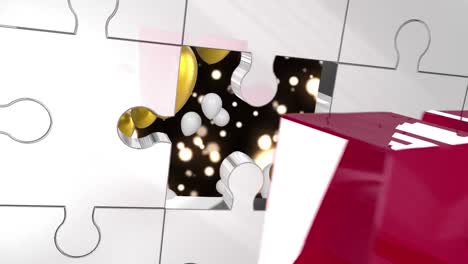 animation of key opening puzzle pieces showing white and gold balloons flying on black background