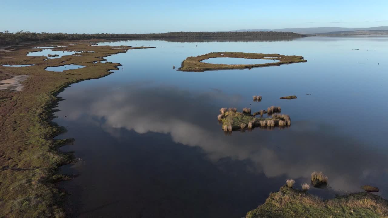 The vast waters of Moulting Lagoon Game Reserve in Coles Bay, seen from the air