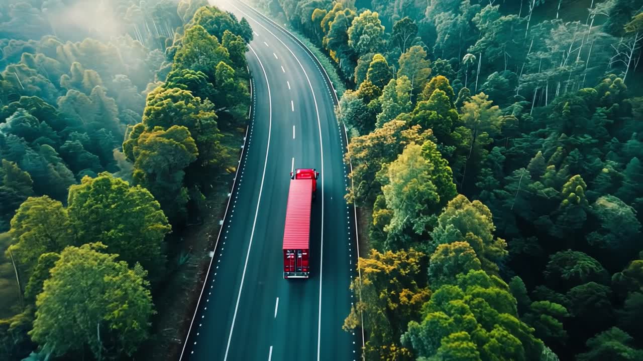 Punainen kuorma-auto mutkaisella tiellä rehevän metsän läpi