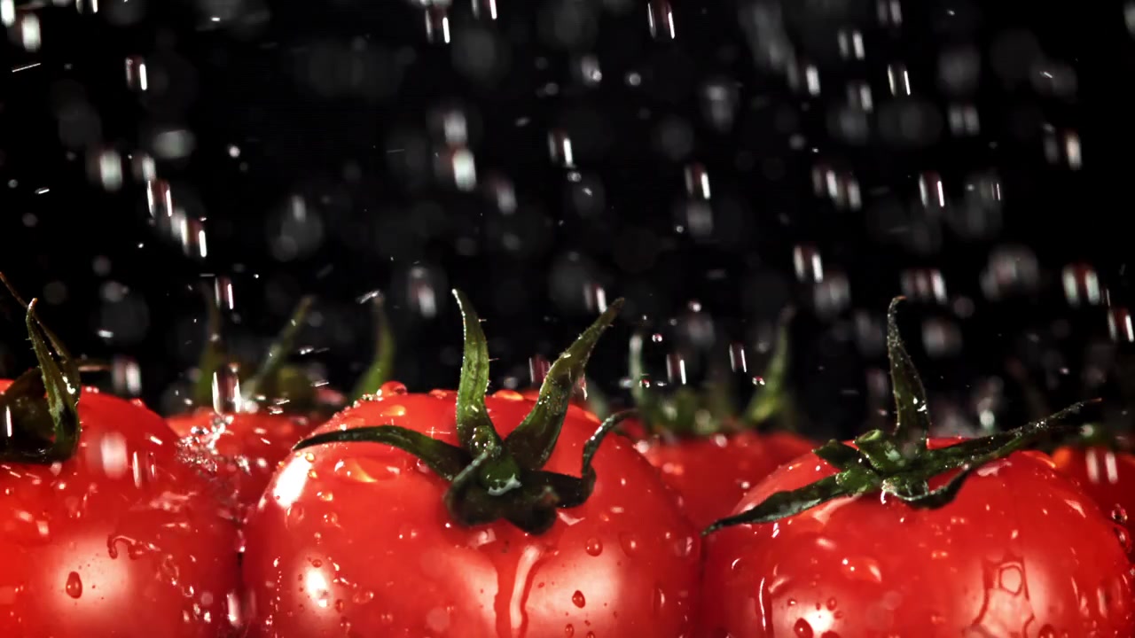 Acqua che schizza su pomodori rossi freschi al rallentatore