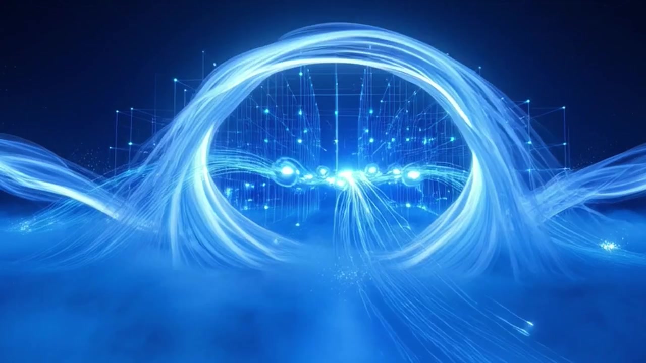 Abstract Digital Grid and Glowing Light Waves in Cyberspace