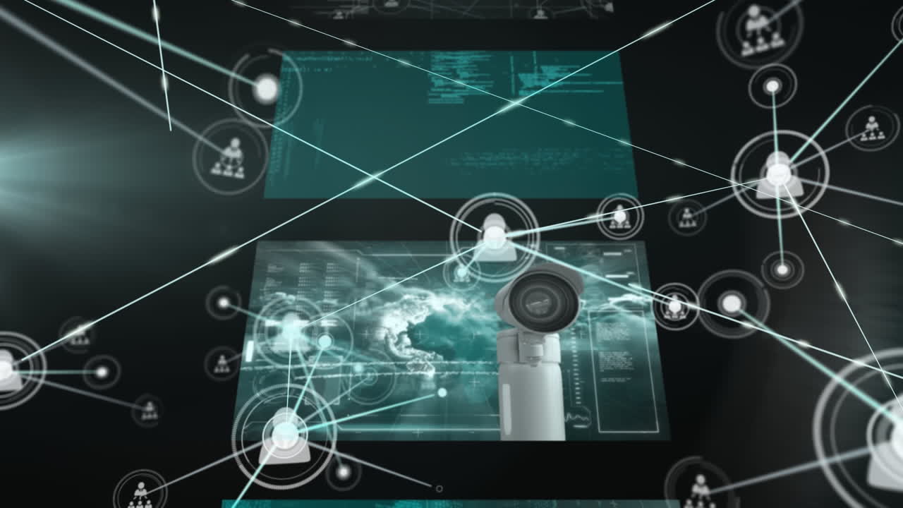 Animation of scope scanning and network of connections with people icons over screens