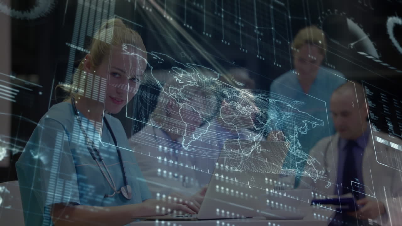 노트북을 사용하는 여성 의료 전문가에 대한 데이터 처리와 디지털 인터페이스