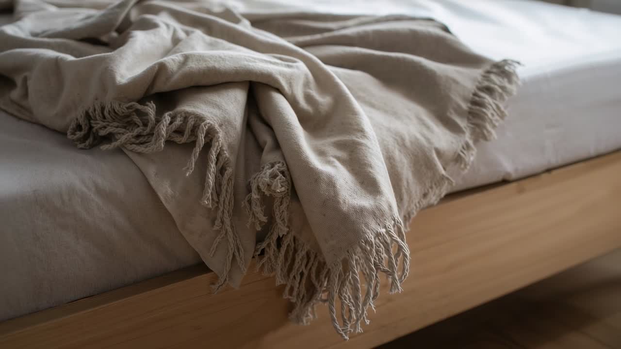 Telecamera che registra, catturando un plaid beige con frange su un lenzuolo con angoli, con una struttura del letto in legno nell'angolo della camera da letto.