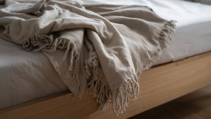 Telecamera che registra, catturando un plaid beige con frange su un lenzuolo con angoli, con una struttura del letto in legno nell'angolo della camera da letto.
