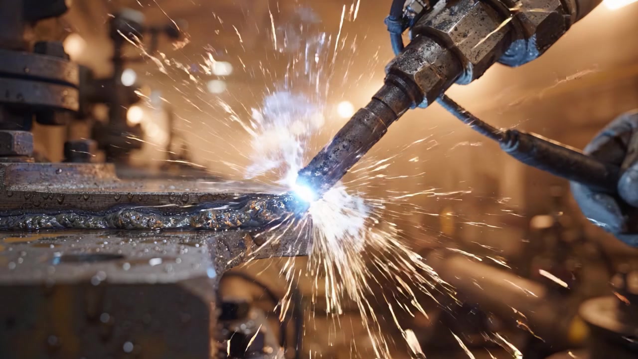 Industrial Welding Process in a Workshop, Showcasing Sparks and Metal Work, Highlighting the Techniques and Equipment Used in Metal Fabrication and Repair