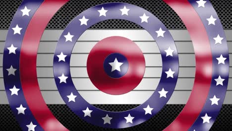 Animation-Von-Kreisen,-Die-Sich-Mit-Sternen-Und-Streifen-Der-Amerikanischen-Flagge-Auf-Industriellem-Metallhintergrund-Drehen