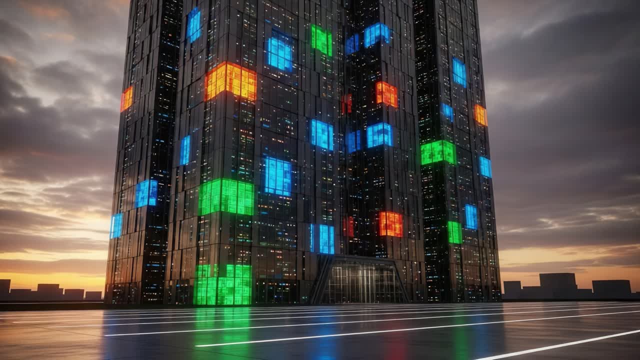 A Stunning Modern Architectural Marvel: The Vibrantly Colored Facade of a Towering Skyscraper Bathed in the Soft Glow of Sunset, Showcasing Innovative Design and Technology