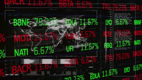 Animation-of-interface-with-stock-market-data-processing-over-world-map-on-black-background