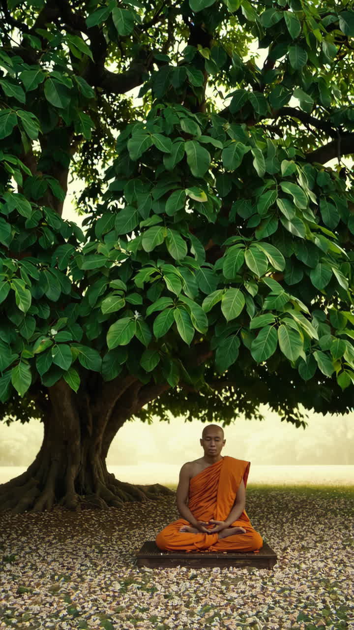 Buddhist Monk Meditating Under a Large Tree