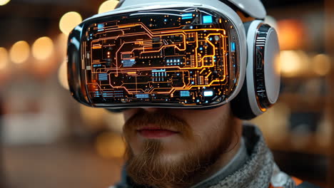 man exploring virtual reality in a modern tech exhibit indoors