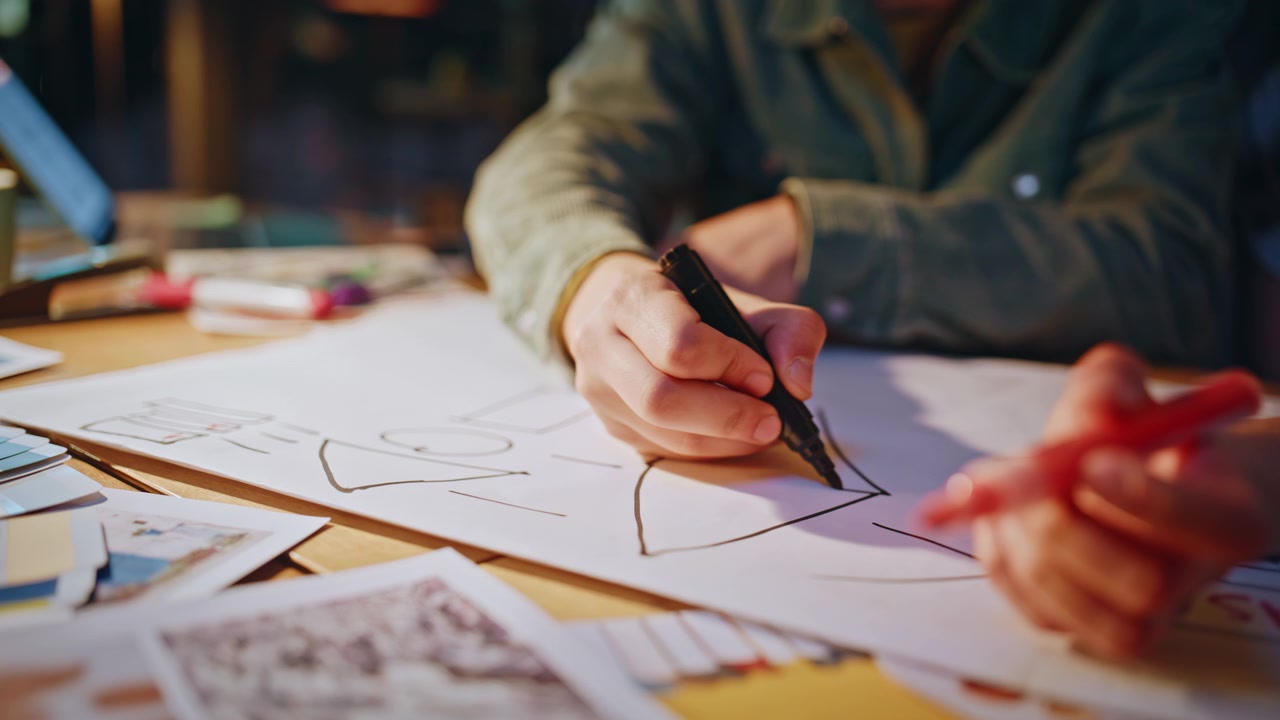 Close-up van handen die app-wireframe-markers schetsen. Ontwerpers tekenen 's avonds de lay-out