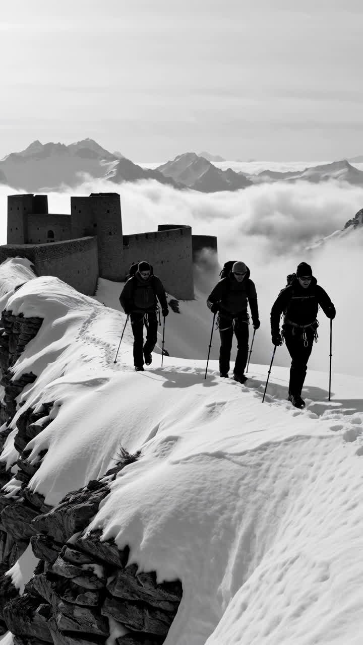 Hikers on a Snowy Mountain Ridge with Ancient Fortress