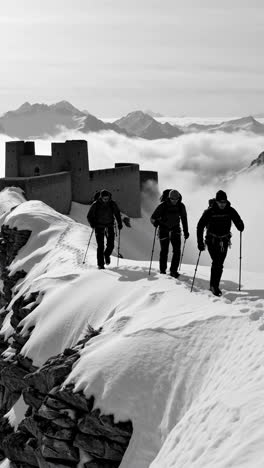 hikers on a snowy mountain ridge with ancient fortress