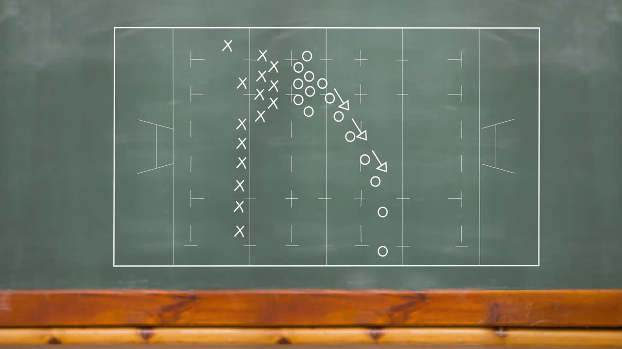 럭비 경기장 위의 스포츠 전술의 애니메이션
