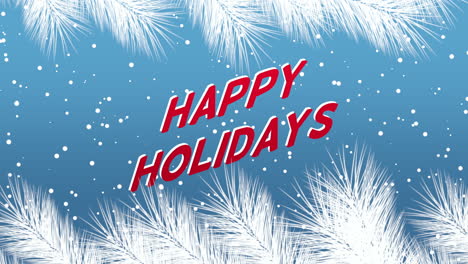 happy holidays with flying snow and christmas tree on blue gradient