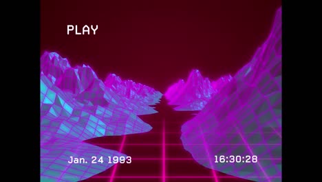 animation of interference over neon lines and digital mountains on red background