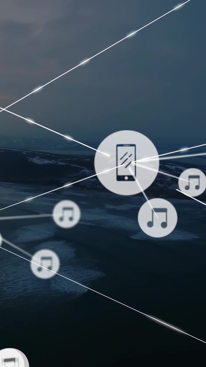 Wideo pionowe: Węzeł telefonu pojawiający się w prawym dolnym rogu, świecący, sieć tworząca centrum telefoniczne dla węzłów muzycznych.