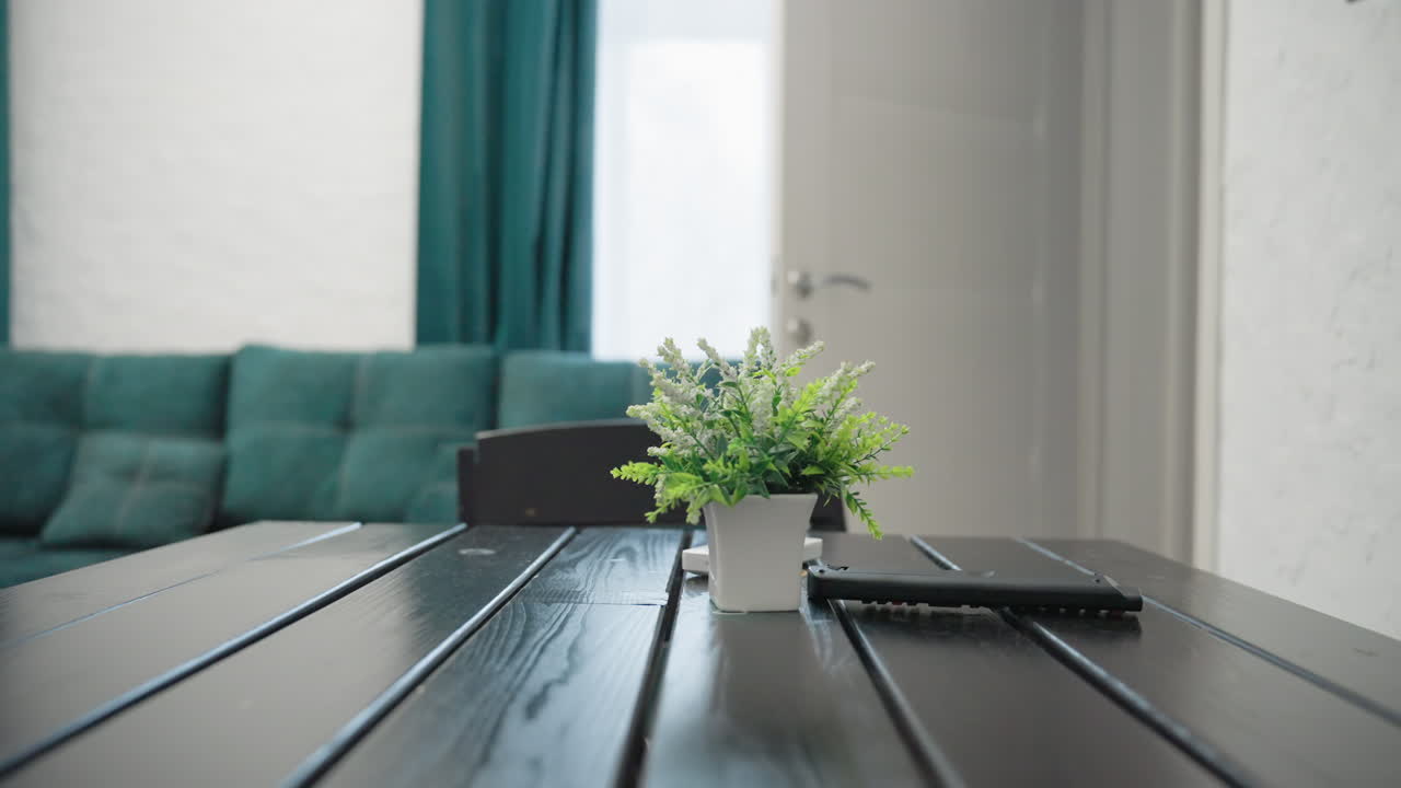 Close-up shot of a black wooden table with a small potted plant, smartphone, and remote control. Green velvet sofa and white door in the background create a modern, cozy apartment ambiance