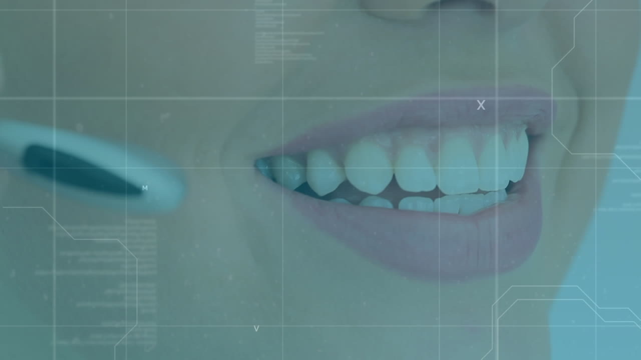 animación de una mujer caucásica con auriculares sobre estadísticas y grabación de datos