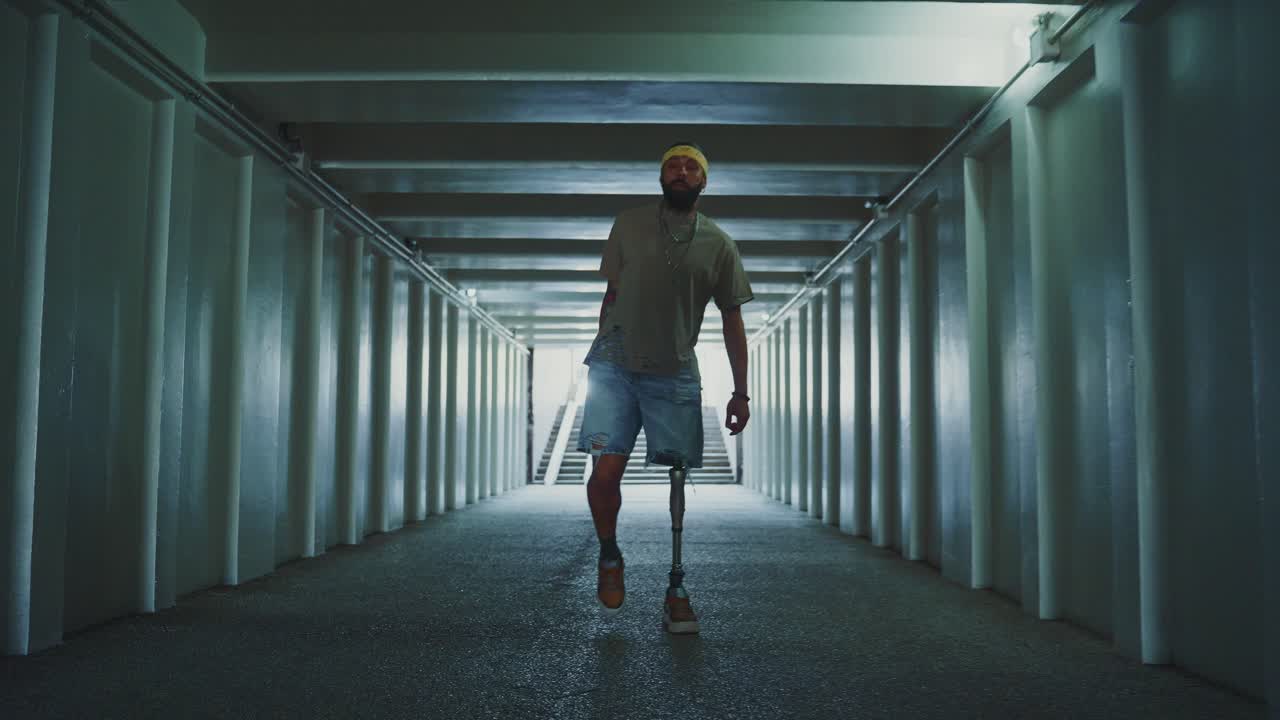 Man with Prosthetic Leg Walking in an Underground Tunnel