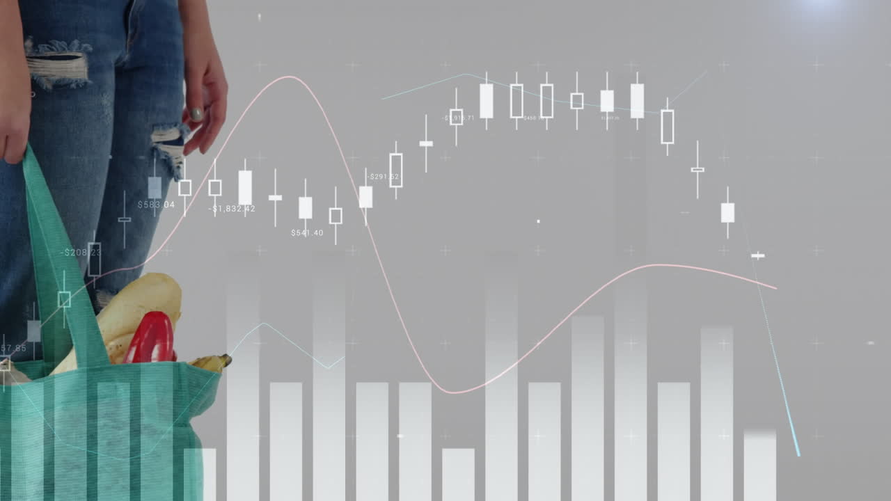 animación del procesamiento de datos sobre una mujer caucásica con una cesta de compras