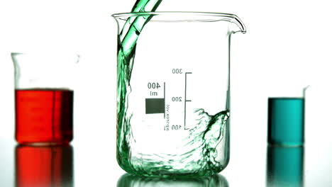 green liquid pouring into beaker