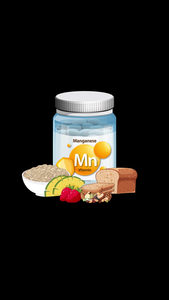 Manganese vitamin bottle appears with nutritious foods, smooth transition, black background, clear vector style