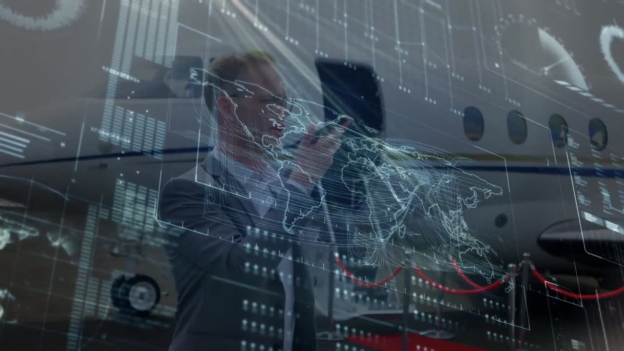 스마트 폰으로 이야기하는 백인 사업가에 대한 데이터 처리 애니메이션