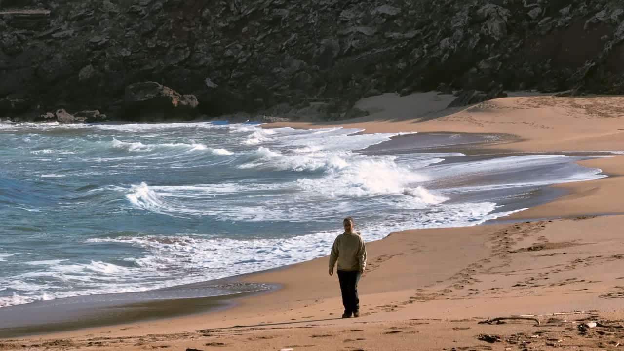 persona paseando a un perro por la playa durante la marea alta en menorca, españa