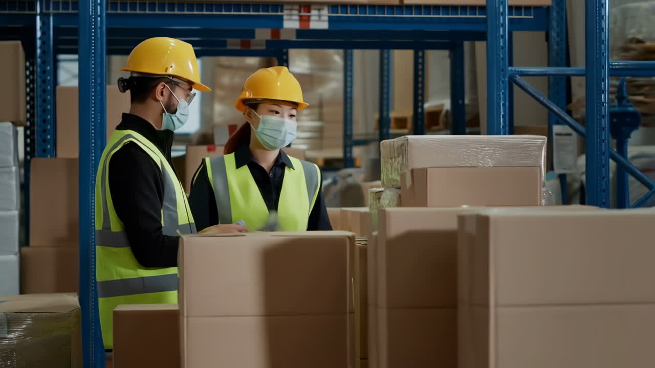 Warehouse Workers Wearing Masks and Safety Gear Inspecting Boxes