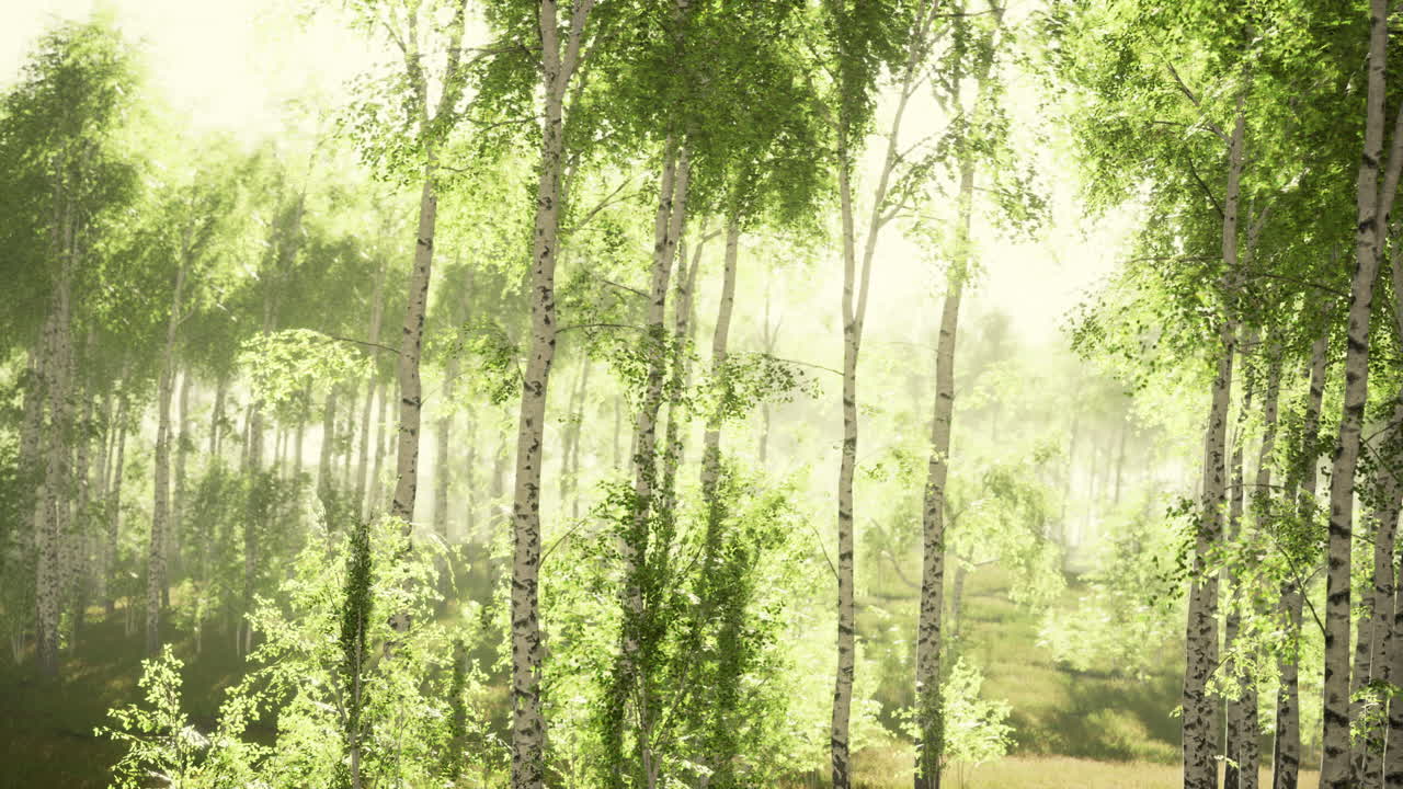 Summery birch grove during a foggy sunrise