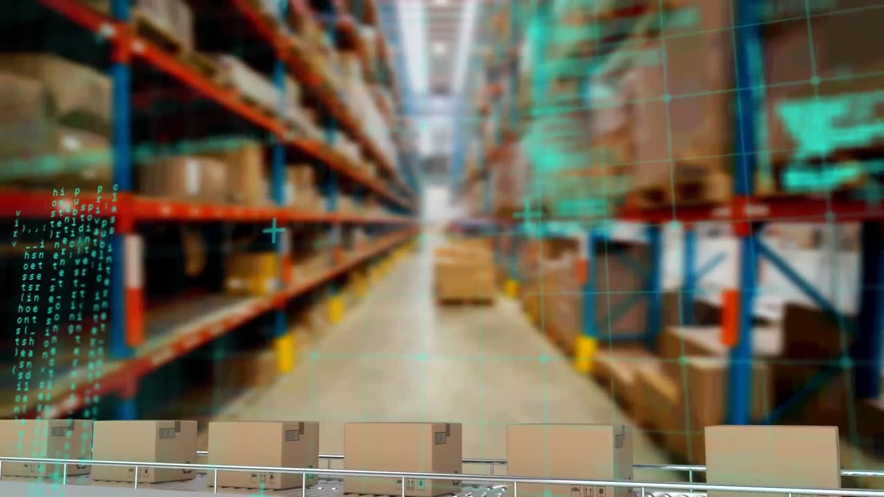 Animazione di elaborazione di statistiche su nastri trasportatori con scatole