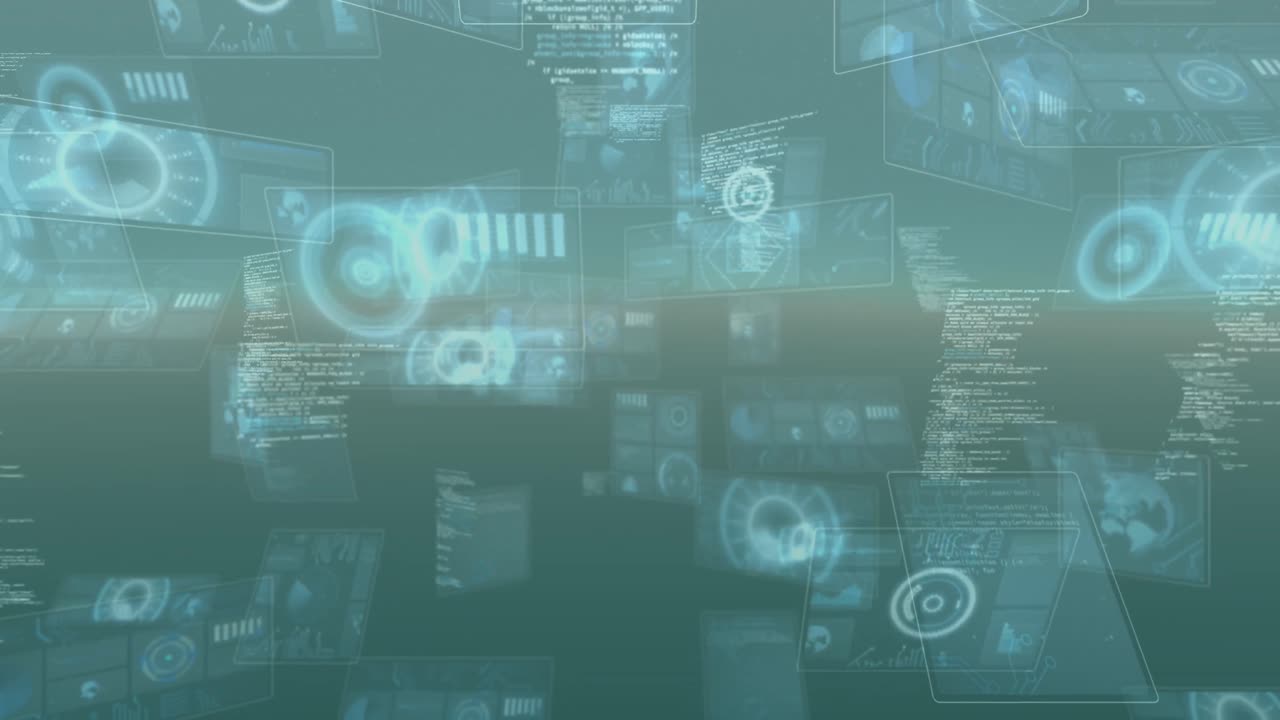 Animation of round scanners and data processing against grey background