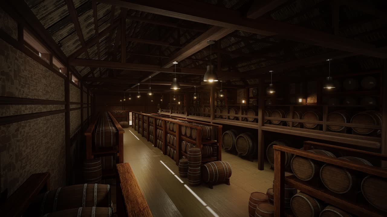 almacenamiento de barriles de vino en la bóveda de vinos. barriles de coñac, vino o whisky. barrilles de vino de roble de madera. almacén de alcohol