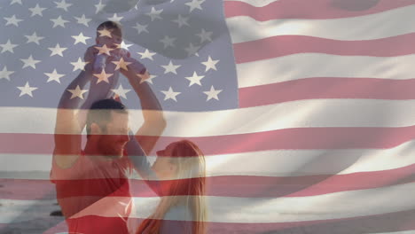 caucasian family with us flag waving foreground