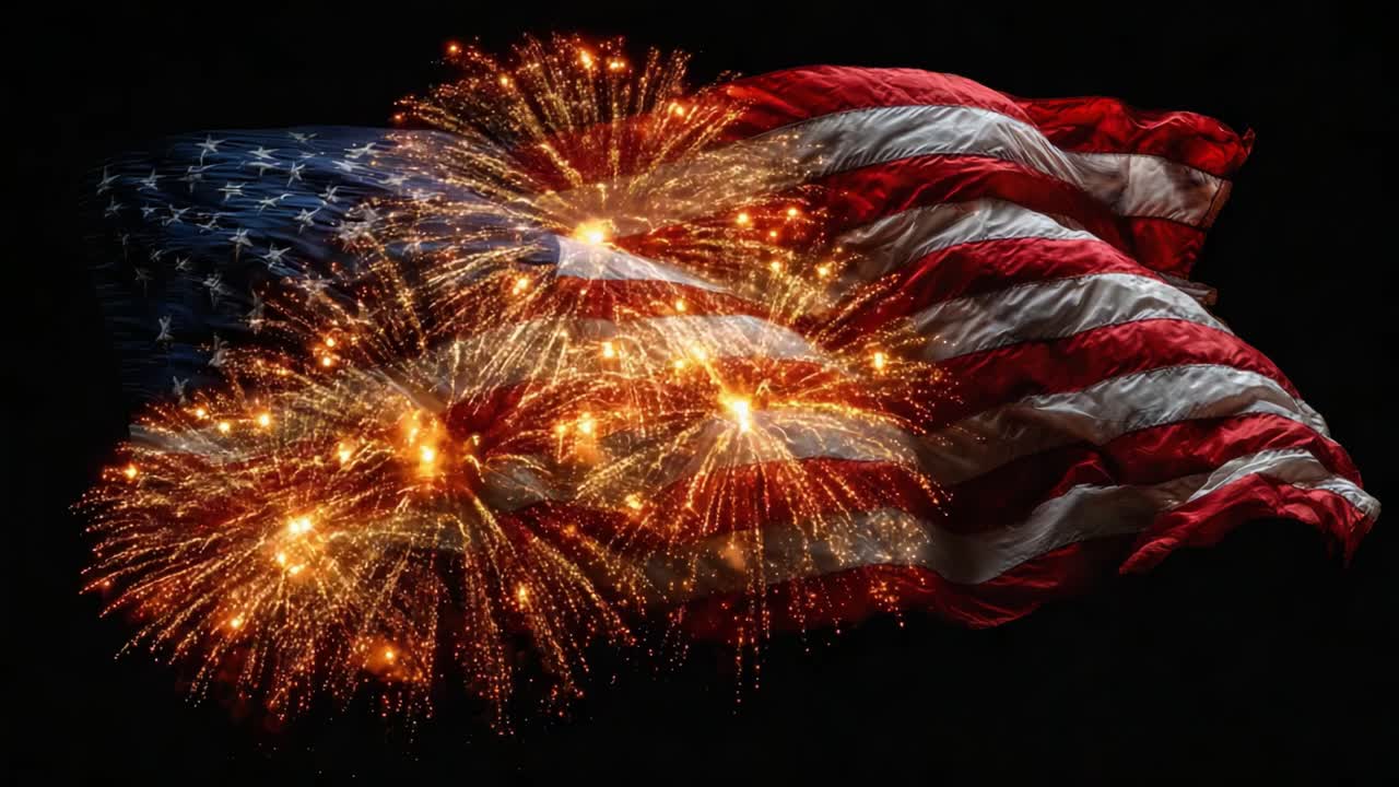 A Stunning Celebration of National Pride: Fireworks Explode Against a Beautifully Draped American Flag, Symbolizing Liberty and Joy in a Vibrant Display of Color and Light