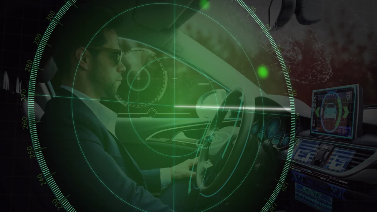 Radar HUD appearing sweeping beam across driver and wheel monitoring cabin for vehicle safety
