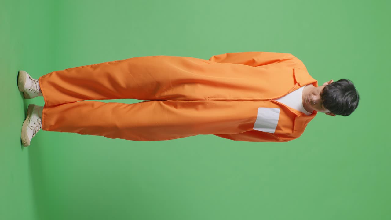 녹색 스크린 배경에 서서 화를 내며 카메라를 바라보는 아시아 남성 수감자의 몸이 가득 차 있습니다.