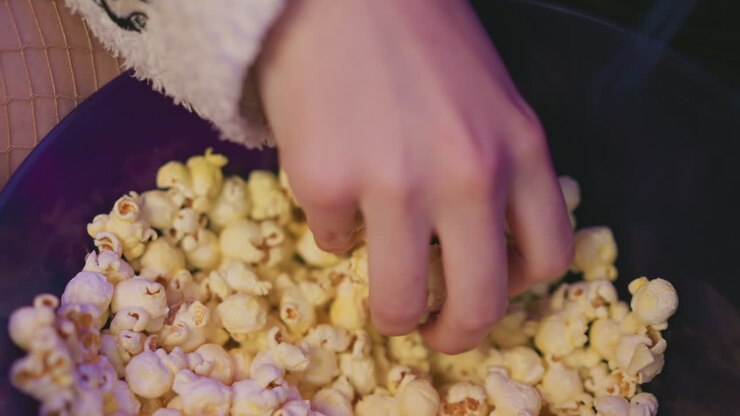 Close up of female hand reaching into bowl of popcorn, fingers selecting pieces while seated beside visible leg in fishnet pantyhose under soft ambient lighting in cozy setting
