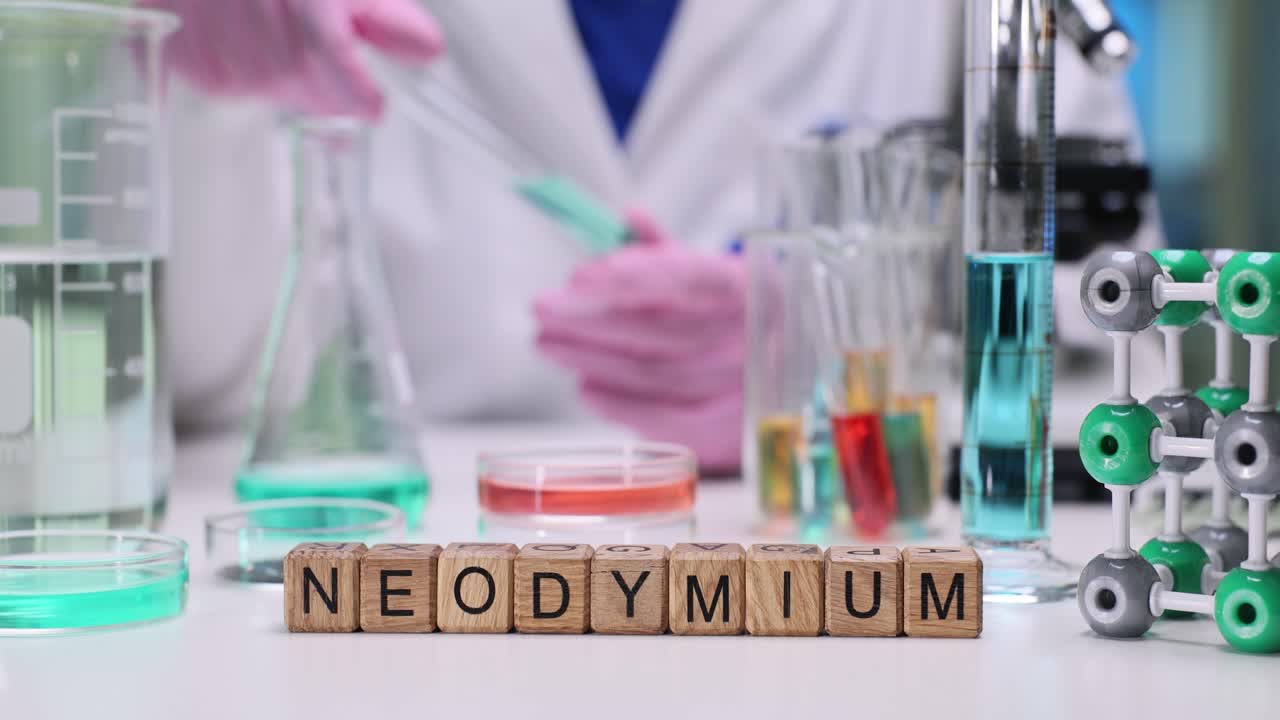 Neodymium element spelling and chemistry lab equipment