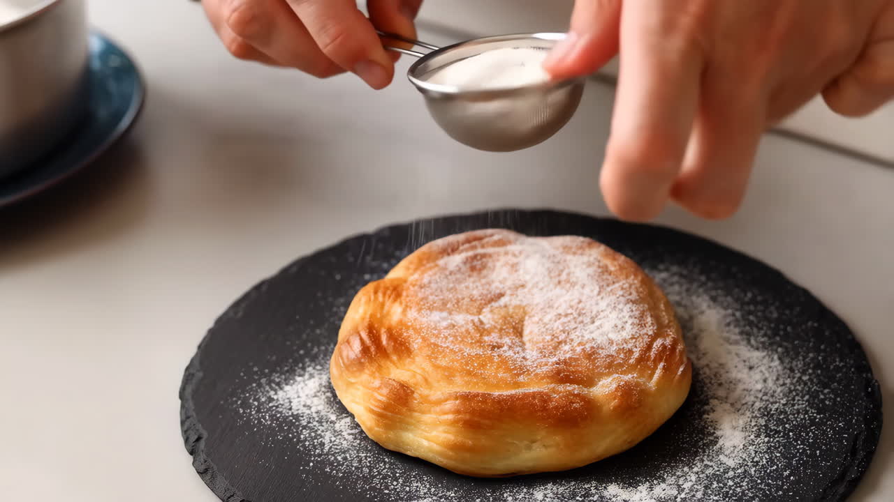 Sifting powdered sugar over a freshly baked pastry