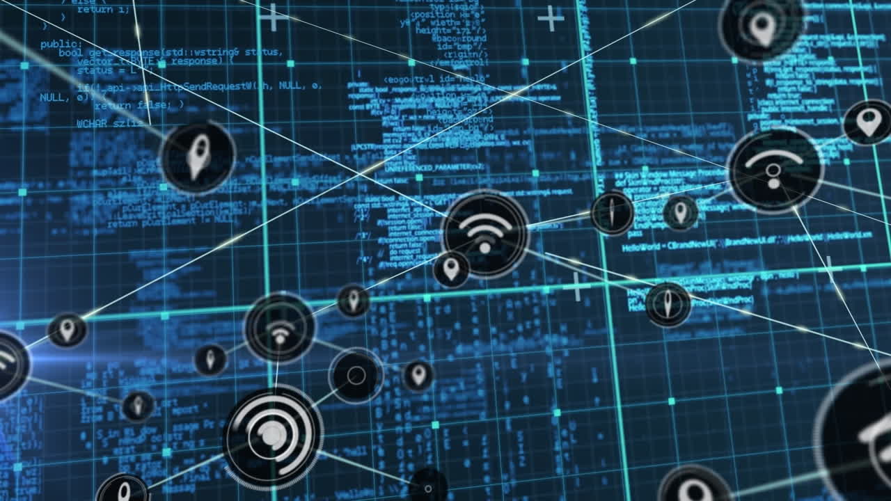 Animation of network of digital icons and data processing over grid network against blue background
