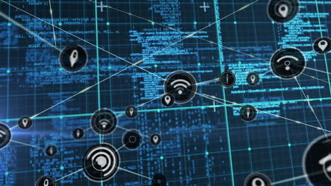 animación de la red de iconos digitales y procesamiento de datos sobre la red de cuadrícula contra un fondo azul