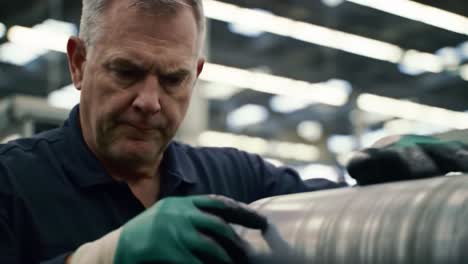 expert technician examining industrial equipment with precision and care in a modern manufacturing facility