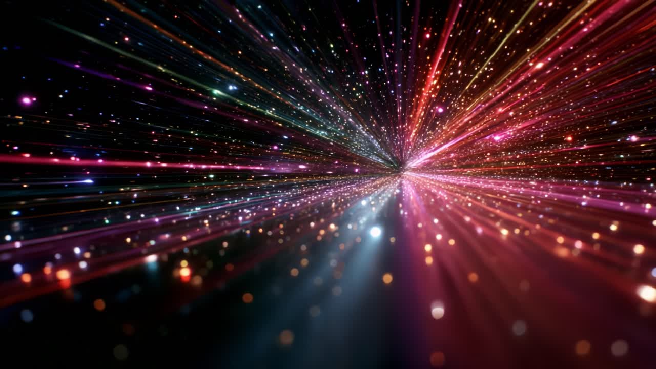 A Stunning Visual Journey Through Space and Time: Expanding Light and Color Patterns Create a Cosmic Experience of Vibrant Energy and Motion in a Futuristic Setting